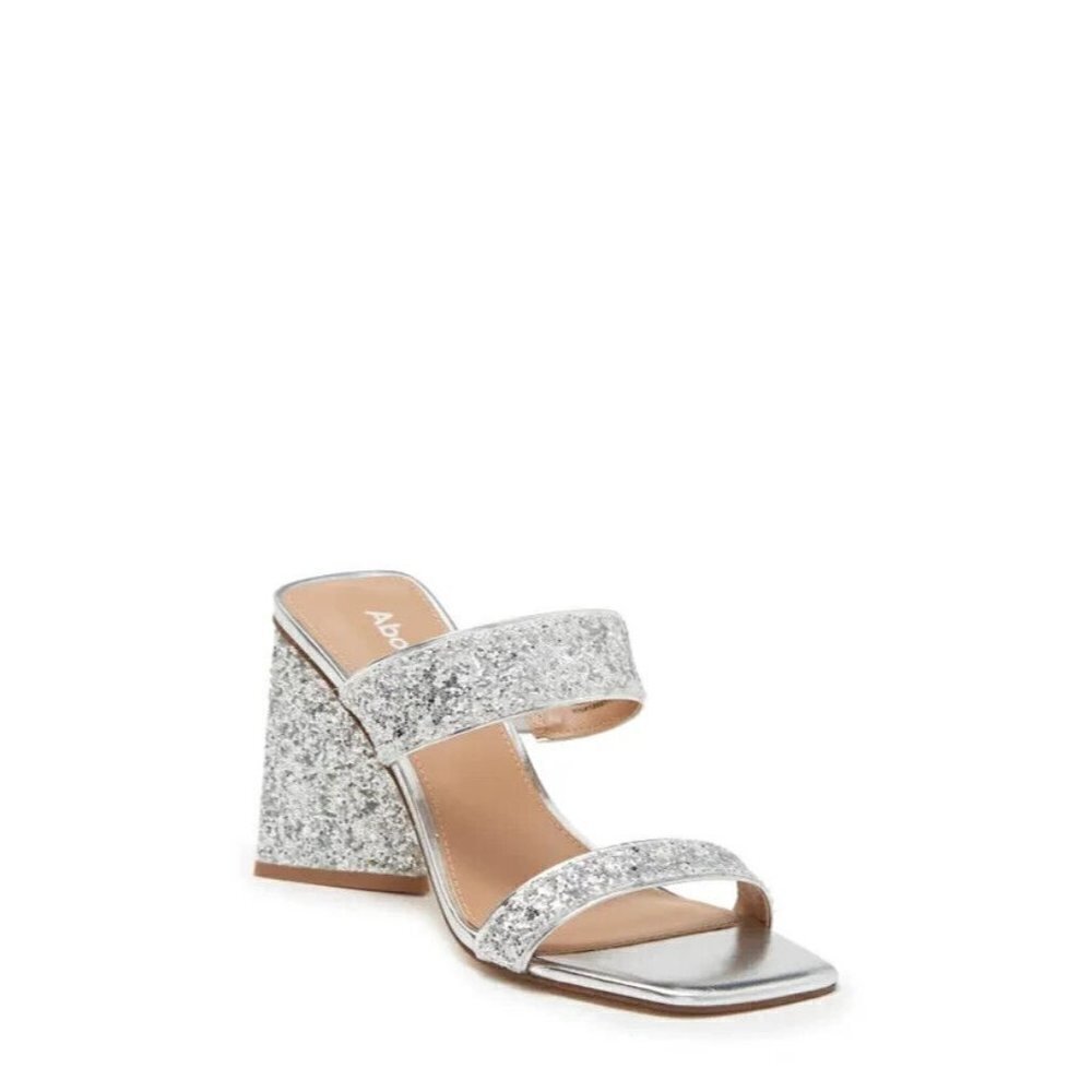 Abound "Carina" block triangle heel sandals silver glitter slides